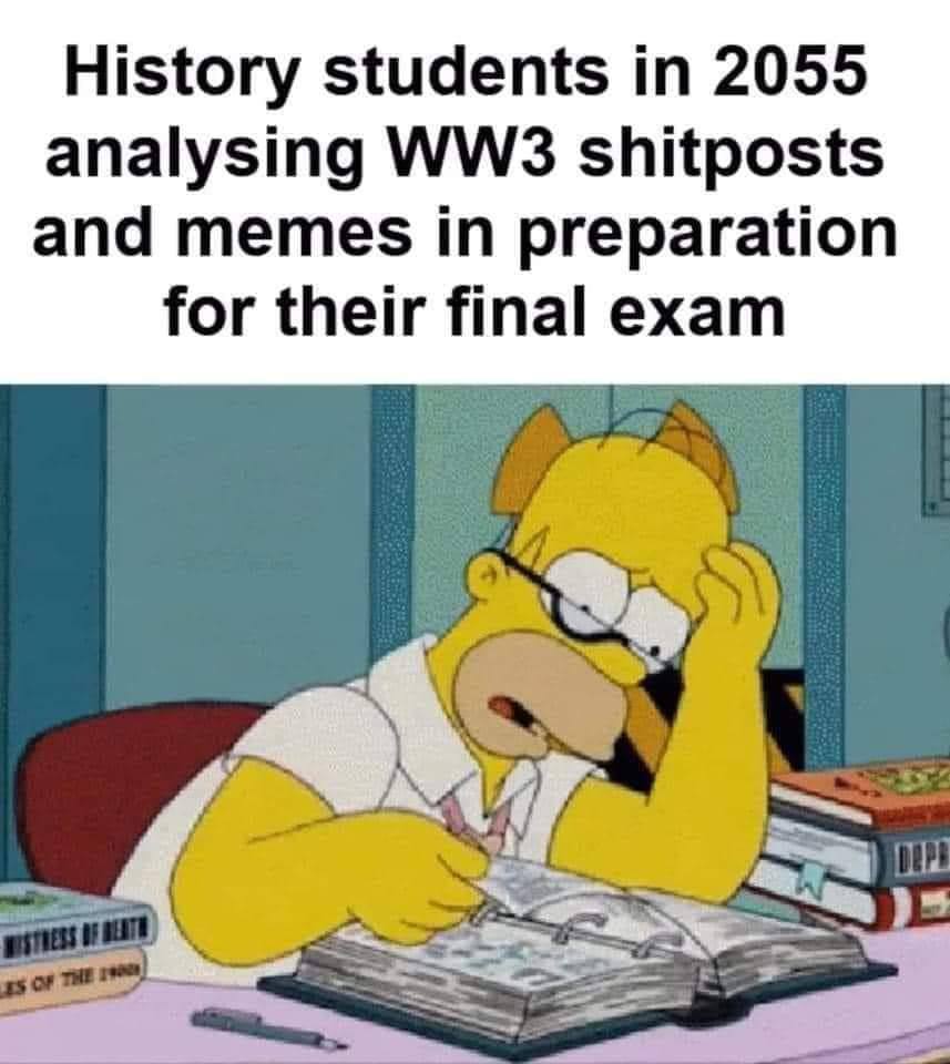 History students in 2055 analysing shitposts and memes in preparation for their final exam