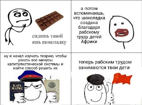 а потом вспоминаешь, что шоколадка создана благодаря рабскому сидишь такой труду детей ешь шоколадку Африки ну и начал изучать теорию, чтобы узнать все минусы капиталистической системы и теперь рабски
