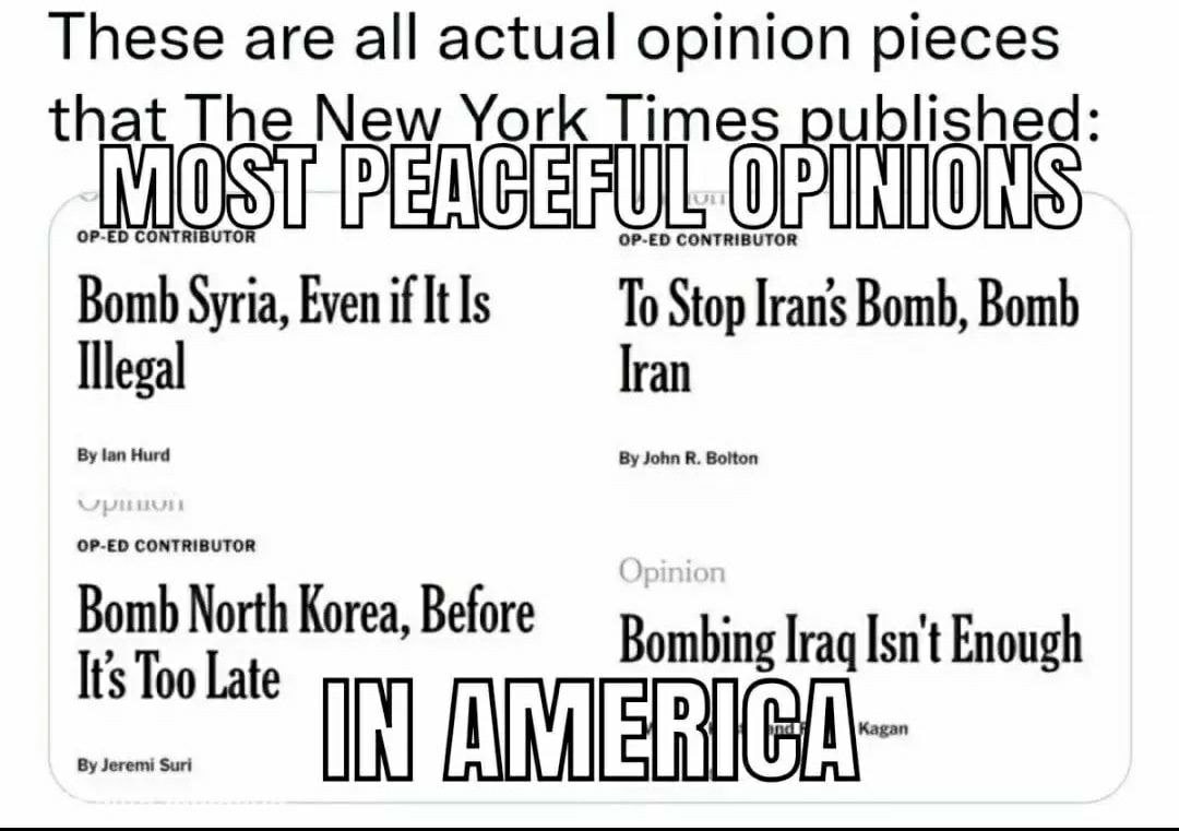 are all actual opinion pieces at The New York Times ublished OP-ED CONTRIBUTO Bomb Syria, Even if It Is 65 To Мор Bomb, Bomb ran Bomb North Korea, Before Isnt Enough Its Too Late IN