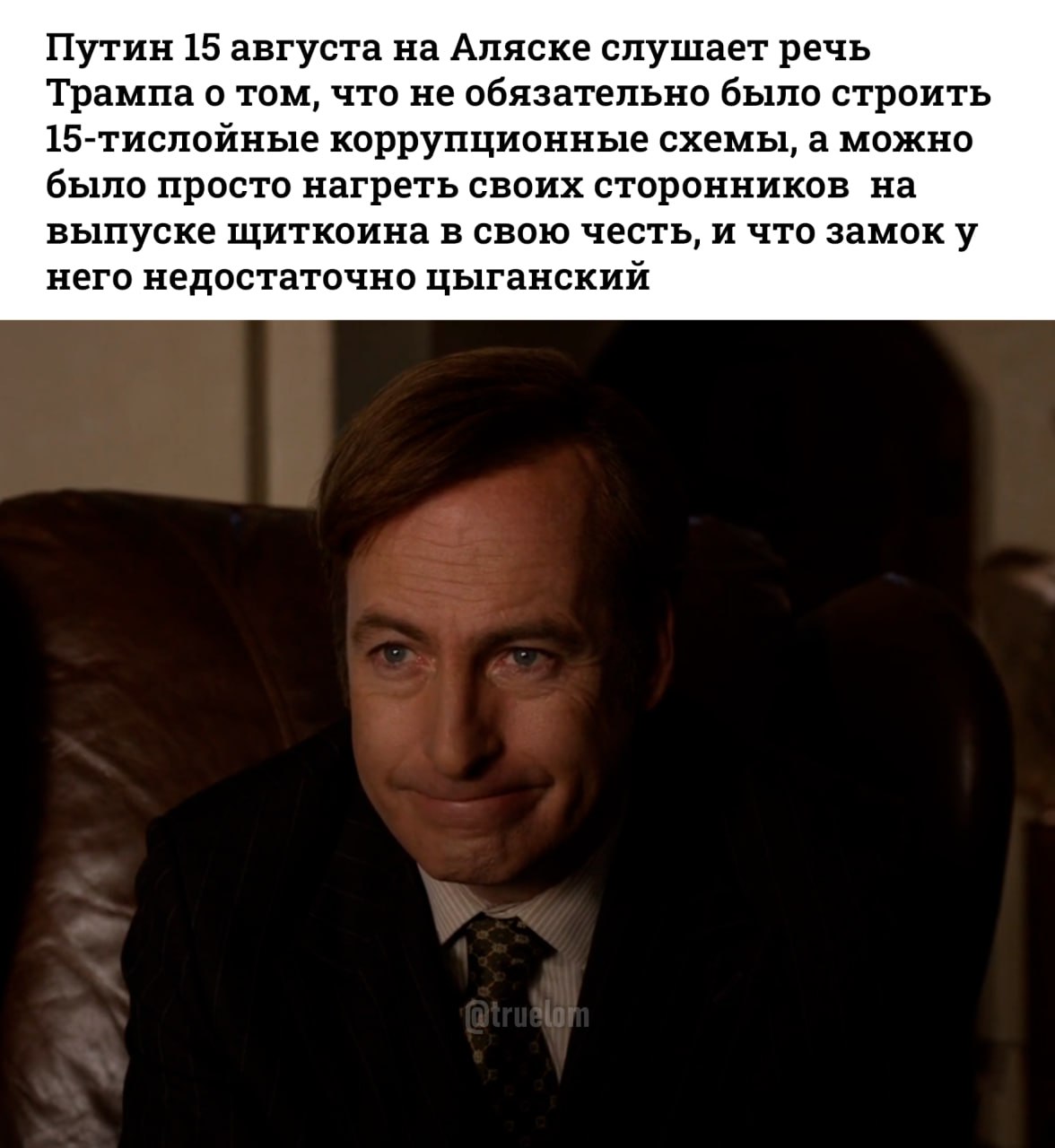Путин 15 августа на Аляске слушает речь Трампа о том, что не обязательно было строить 15-тислойные коррупционные схемы, а можно было просто нагреть своих сторонников на выпуске щиткоина в свою честь, 