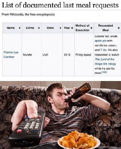 List of documented last meal requests From Wikipedia, the free encyclopedia Method of Requested Name Crime State Year Execution Meal Lobster tail, steak, apple pie with vanilla ice cream, and 7 Up. He