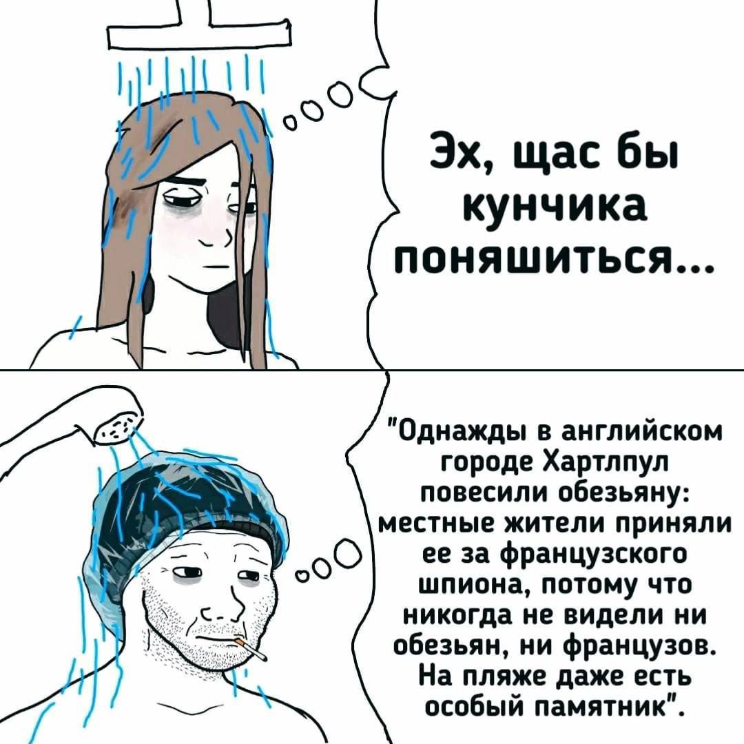 щас бы кунчика ПОНЯШИТЬСЯ... "Однажды в английском городе Хартлпул повесили обезьяну: о местные жители приняли ее за французского шпиона, потому что никогда не видели ни обезьян, ни французов. На пляж