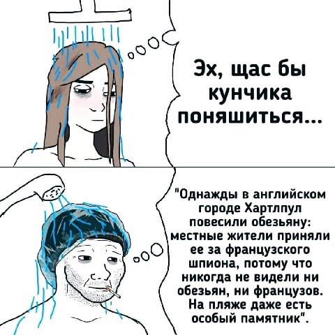 щас бы кунчика ПОНЯШИТЬСЯ... "Однажды в английском городе Хартлпул повесили обезьяну: о местные жители приняли ее за французского шпиона, потому что никогда не видели ни обезьян, ни французов. На пляж