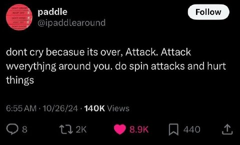 DONT CRASH DONT CRAS paddle @ipaddlearound dont cry becasue its over, Attack. Attack wverythjng around you. spin attacks and hurt things 6:55 10/26/24 Views 8 440