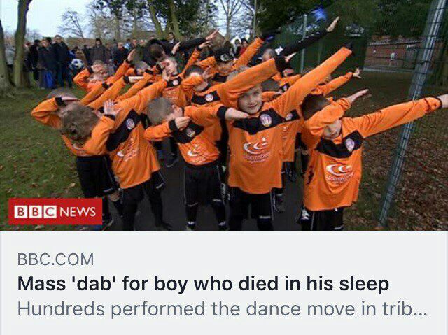 if У? вов NEWS BBC.COM Mass 'dab' for boy who died in his sleep Hundreds performed the dance move in trib...