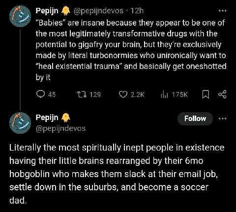Pepijn и “Babies” are insane because they appear to be one of the most legitimately transformative drugs with the potential to gigafry your brain, but exclusively made literal turbonormies who unironi