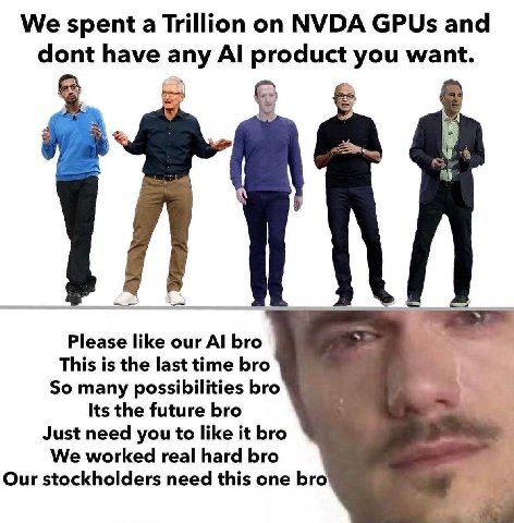 We spent a Trillion on NVDA GPUs and dont have any product you want. Please like our bro This is the last time bro So many possibilities bro Its the future bro Just need you to like it bro We worked r