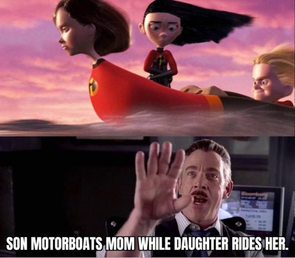 SON MOTORBOATS MOM WHILE DAUGHTER RIDES HER.