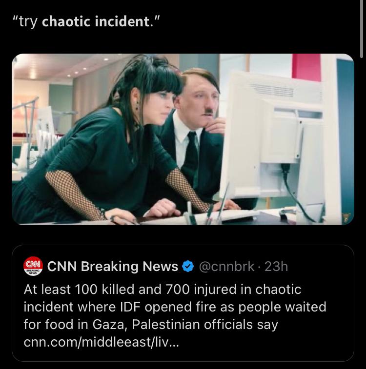 “try chaotic incident." 2 СММ Breaking News @cnnbrk At least 100 killed and 700 injured in chaotic incident where IDF opened fire as people waited for food in Gaza, Palestinian officials say cnn.com/m
