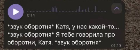 *звук оборотня* Катя, у нас какой-то *звук оборотня* Я тебе говорила про оборотни, Катя. *звук оборотня* 01:19