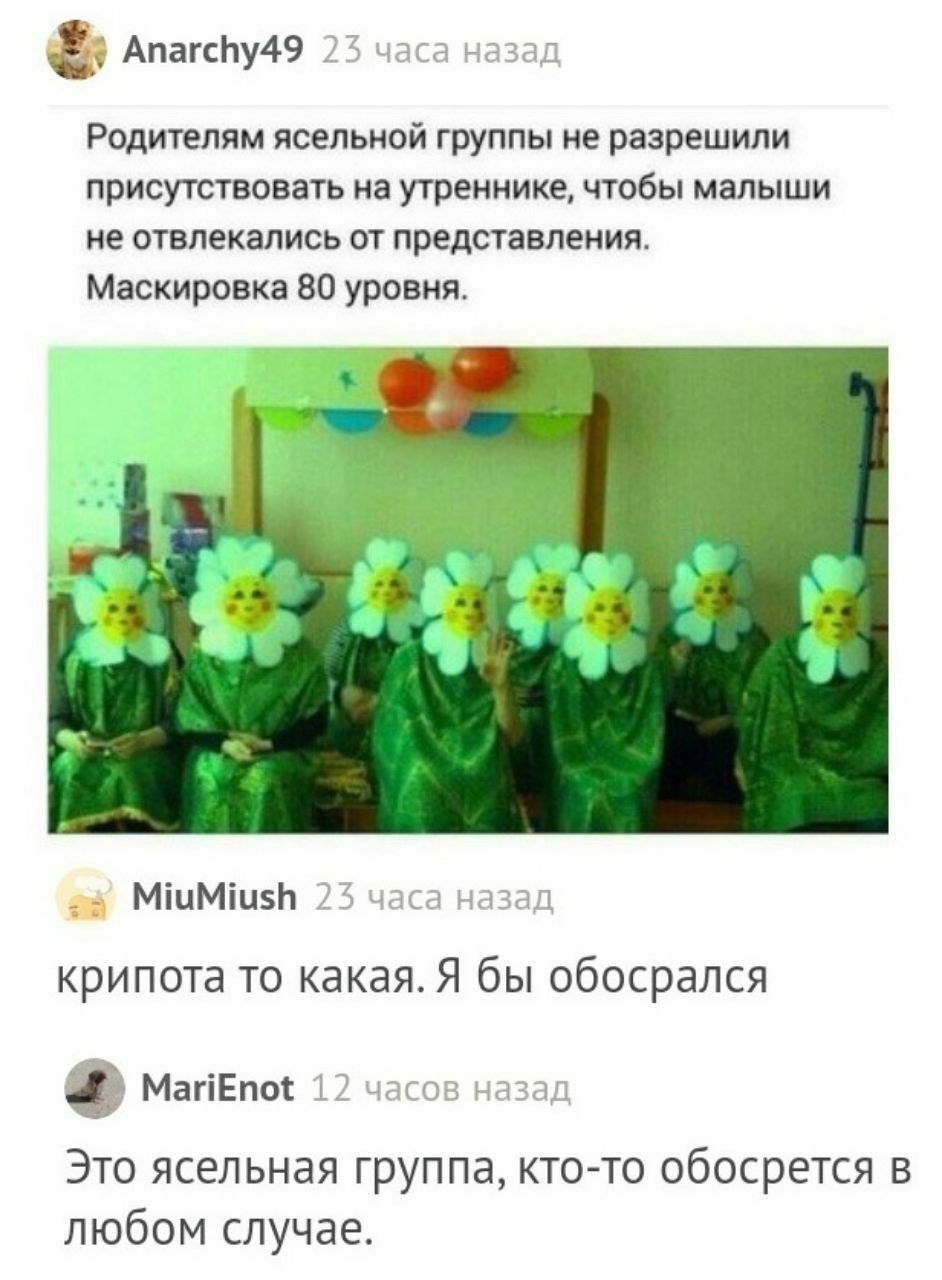 Anarchy49 23 часа назад Родителям ясельной группы не разрешили присутствовать на утреннике, чтобы малыши не отвлекались от представления. Маскировка 80 уровня. a a, MiuMiush 25 часа назад крипота то к