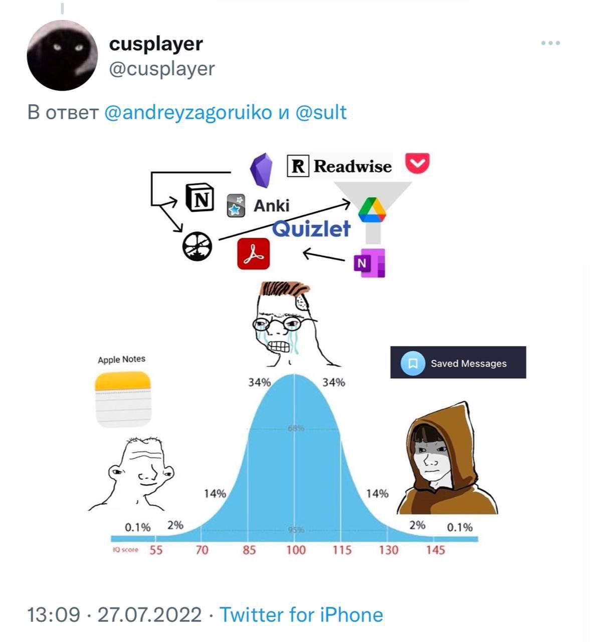 cusplayer @cusplayer В ответ @andreyzagoruiko и @sult Readwise 9 34% 34% 14% 0.1% 2% 2% 0.1% 55 70 85 100 115 130 145 13:09 27.07.2022 Twitter for iPhone