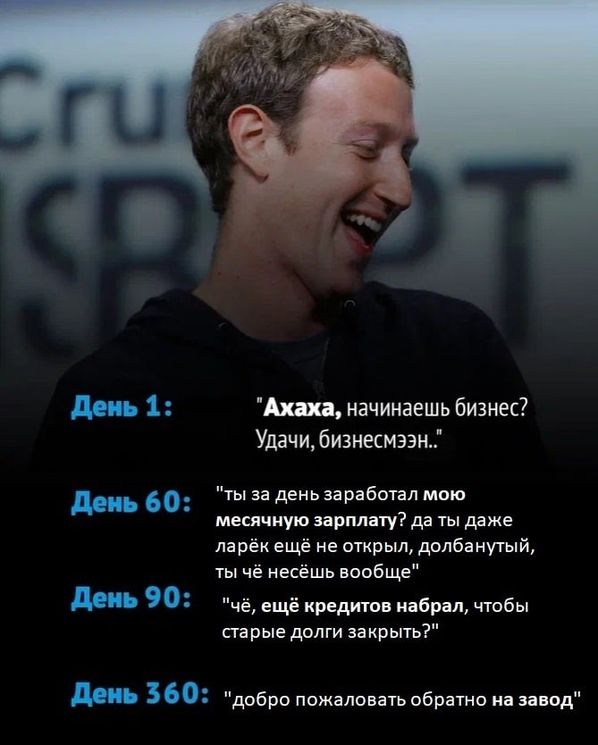 День 1: "Ахаха, начинаешь бизнес? Удачи, День 60: "ты за день заработал мою месячную зарплату? да ты даже ларёк ещё не открыл, долбанутый, ты чё несёшь вообще" День 90: "чё, ещё кредитов набрал, чтобы