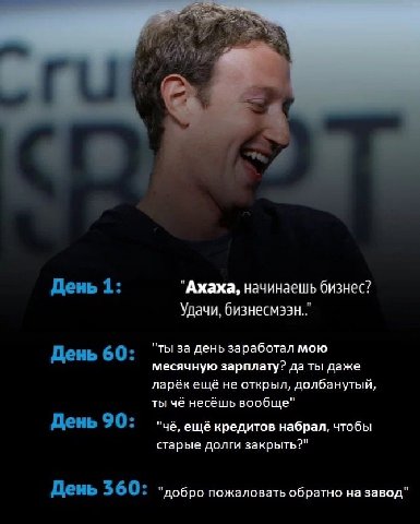 День 1: "Ахаха, начинаешь бизнес? Удачи, День 60: "ты за день заработал мою месячную зарплату? да ты даже ларёк ещё не открыл, долбанутый, ты чё несёшь вообще" День 90: "чё, ещё кредитов набрал, чтобы