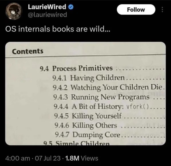 С. LaurieWired Follow @lauriewired internals books are wild... Contents 9.4 Process Primitives 9.4.1 Having Children............ 9.4.2 Watching Your Children Die. 9.4.3 Running New Programs 944 A Bit 