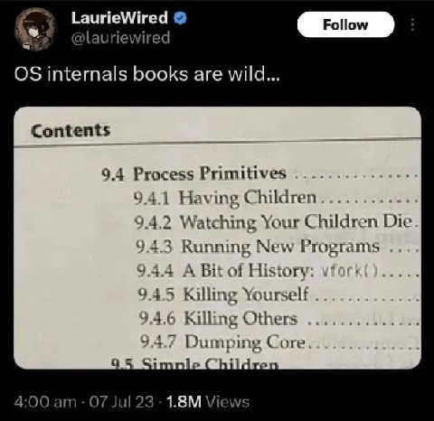 С. LaurieWired Follow @lauriewired internals books are wild... Contents 9.4 Process Primitives 9.4.1 Having Children............ 9.4.2 Watching Your Children Die. 9.4.3 Running New Programs 944 A Bit 