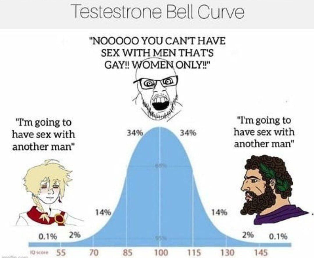 Testestrone Bell Curve "NOOOOO YOU CAN'T HAVE SEX WITH MEN THAT'S САУ! ОМГУ!" going to going to have sex with 34% 34% have sex with another man" another man" 14% 14% 0.1% 2% 2% 0.1% 55 70 85 100 15 13
