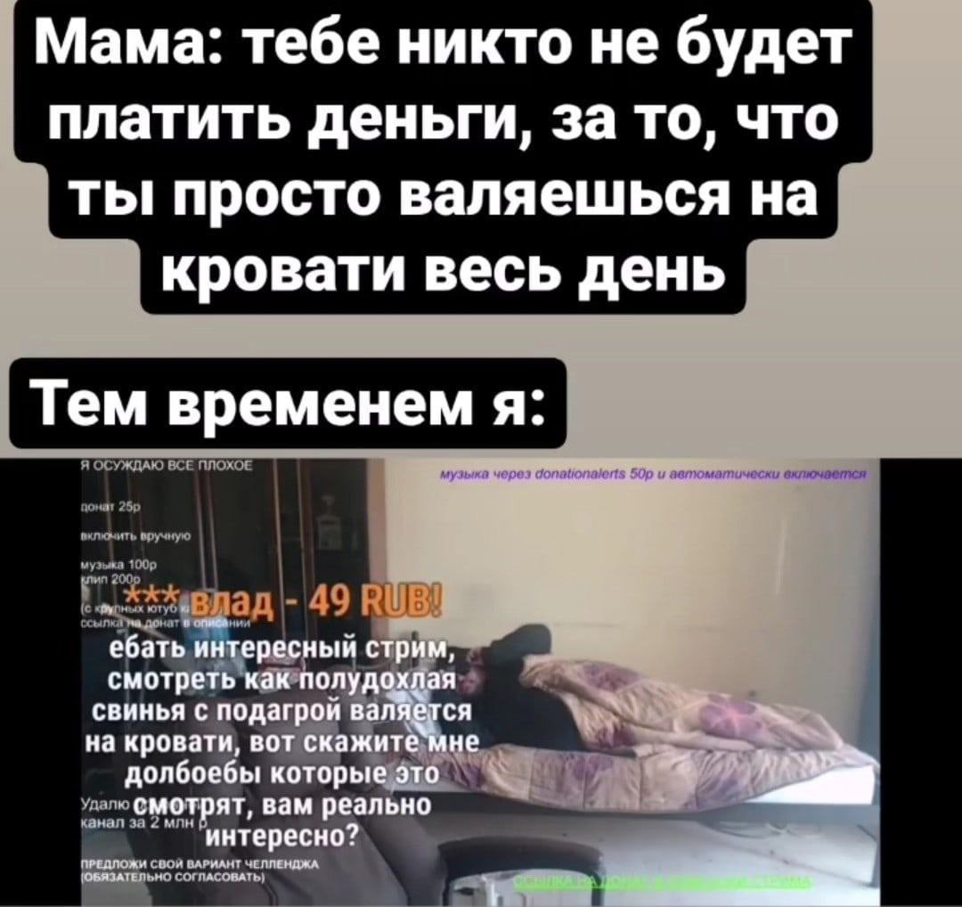 Мама: тебе никто не будет платить деньги, за то, что ты! просто валяешься на кровати весь день Тем временем я: смотреть как полудохлая ебать интересный стрим, СВИНЬЯ С подагрой валяется на кровати, во