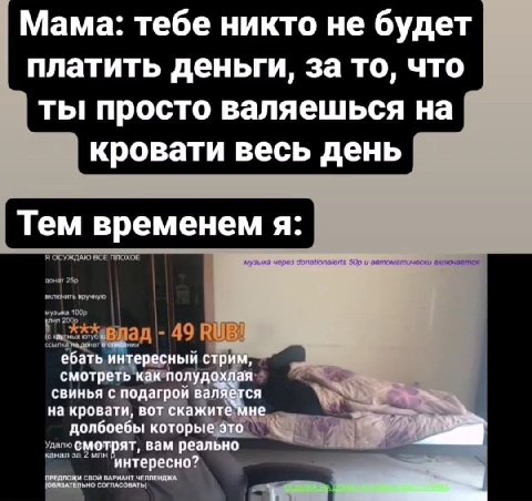 Мама: тебе никто не будет платить деньги, за то, что ты! просто валяешься на кровати весь день Тем временем я: смотреть как полудохлая ебать интересный стрим, СВИНЬЯ С подагрой валяется на кровати, во