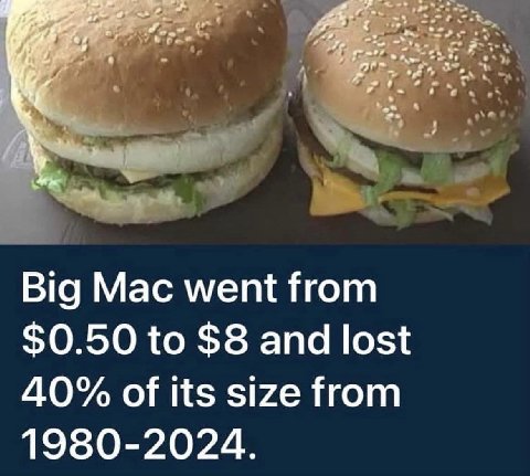 Big Mac went from $0.50 to $8 and lost 40% of its size from 1980-2024.