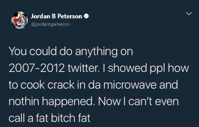 Jordan В Peterson You could anything on 2007-2012 twitter. showed ppl how to cook crack In microwave and nothin happened. Now can't even call a fat bitch fat