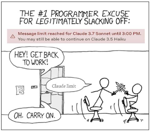 FOR LEGITIMATELY SLACKING OFF: THE #7 PROGRAMMER EXCUSE Message limit reached for Claude 3.7 Sonnet until 3:00 You may still be able to continue on Claude 3.5 Haiku HEY! GET BACK TO WORK! CARRY ON.