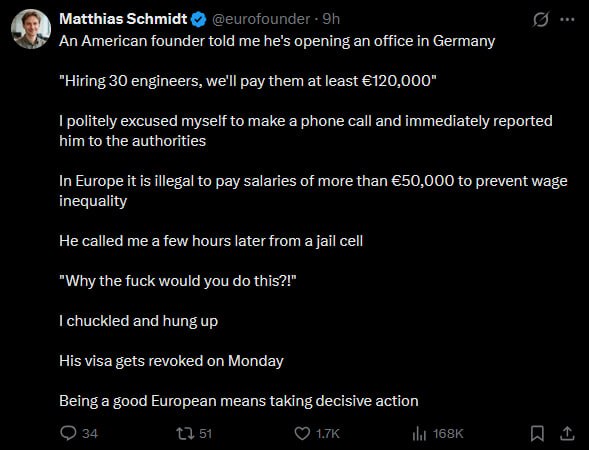 Matthias Schmidt @eurofounder a An American founder told me he's opening an office in Germany "Hiring 30 engineers, we'll pay them at least €120,000" politely excused myself to make a phone call and i