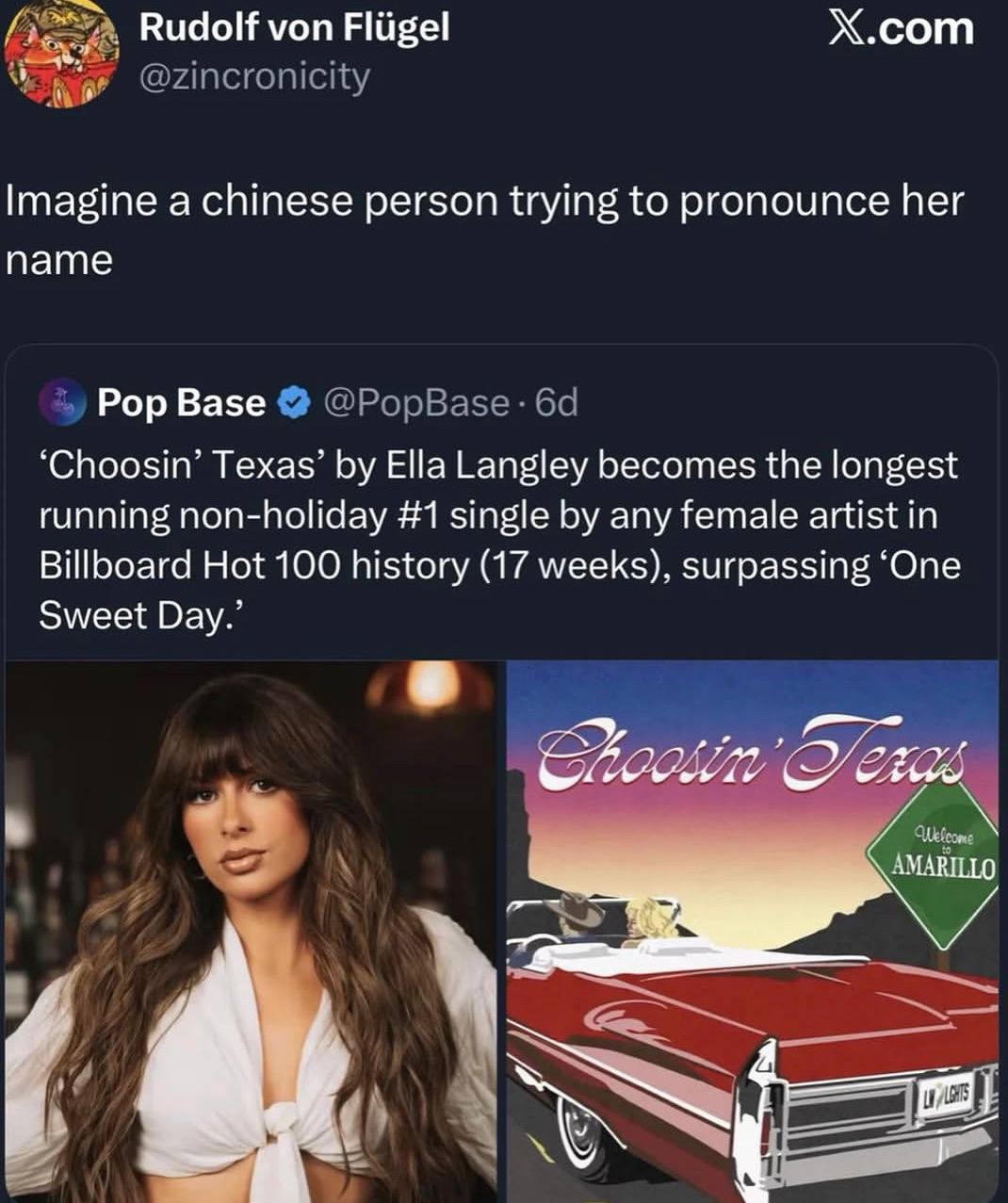Х.сот Rudolf von Fligel Imagine a chinese person trying to pronounce her name Pop Base “Споозт’ Texas’ Ella Langley becomes the longest running non-holiday #1 single any female artist in Billboard Hot