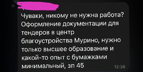 Чуваки, никому не нужна работа? Оформление документации для тендеров в центр благоустройства Мурино, нужно только высшее образование и какой-то опыт с бумажками минимальный, 45 12:38