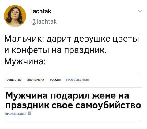 lachtak @lachtak Мальчик: дарит девушке цветы и конфеты на праздник. Мужчина: ОБЩЕСТВО ЭКОНОМИКА РОССИЯ ПРОИСШЕСТВИЯ Мужчина подарил жене на ПРОИСШЕСТВИЯ праздник свое самоубийство