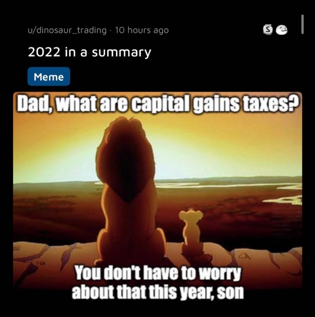 u/dinosaur_trading 10 hours ago 2022 in a summary Meme Dad) what are capital gains taxes? You don't have to worry about that this year, son
