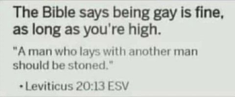 The Bible says being gay is fine, as long as you're high. "А man who lays with another man should be stoned.” Leviticus 20:13 ESV