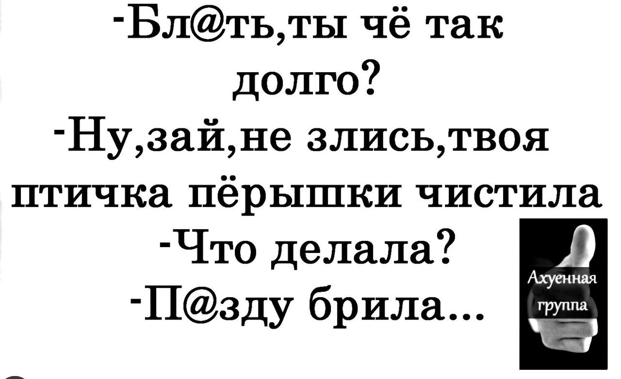 -Бл@ть,ты чё так долго? -Ну,зай,не злись,твоя птичка перышки чистила -Что делала? Ахуенная группа -П@зду брила...
