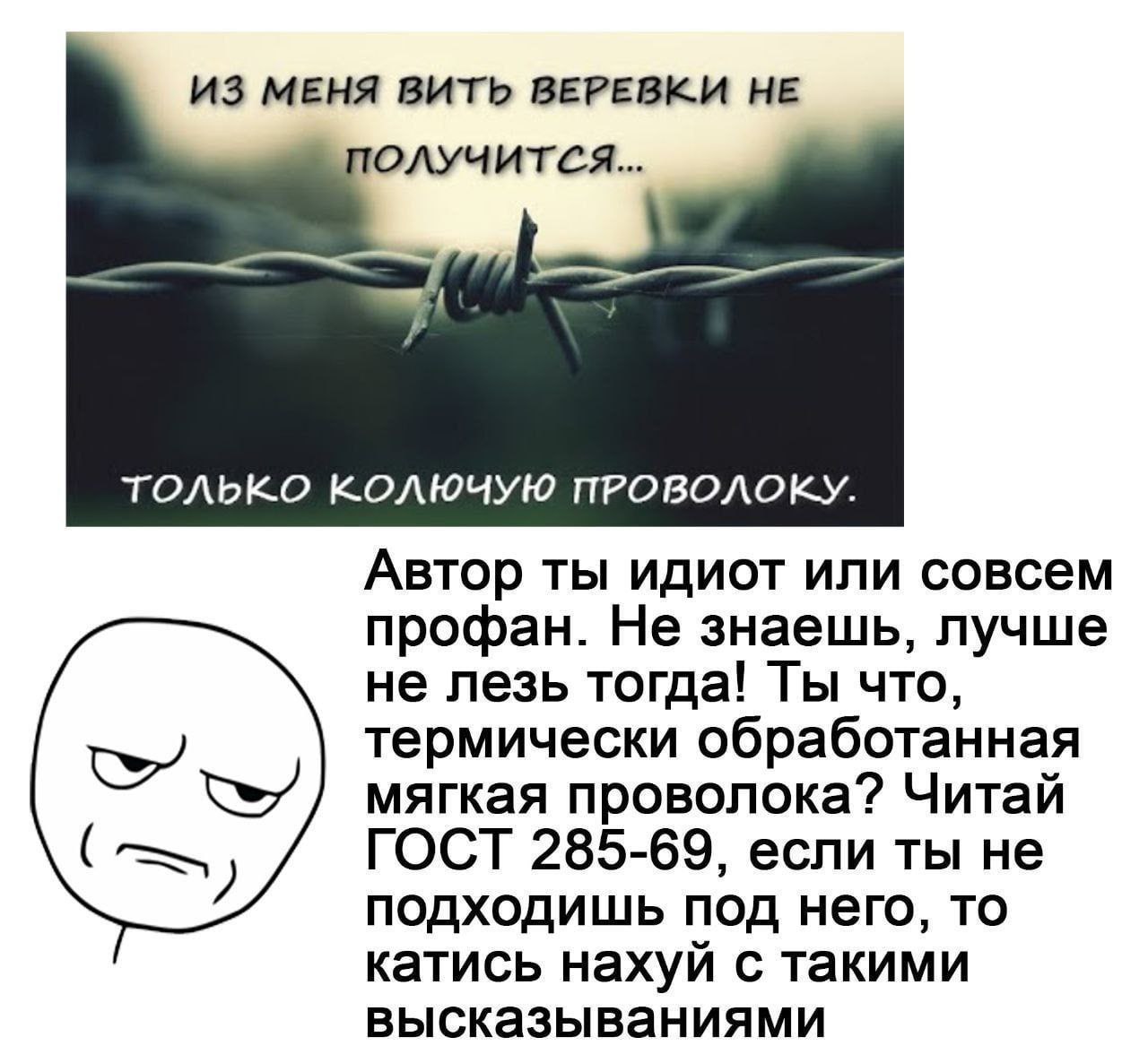 ИЗ МЕНЯ ВИТЬ ВЕРЕВКИ НЕ ТОЛЬКО КОЛЮЧУЮ ПРОВОЛОКУ. Автор ты идиот или совсем профан. Не знаешь, лучше не лезь тогда! Ты что, термически обработанная мягкая проволока? Читай ГОСТ 285-69, если ты не подх