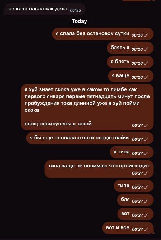 че каво павла как дела 35 Today я спала без остановок сутки блять A 06:26 я блять об:26 я ваще 06:26 я хуй знает скока уже в каком то лимбе как первого января первые пятнадцать минут после пробуждения