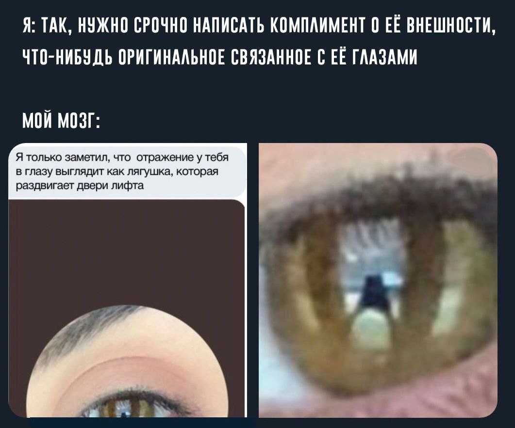 Я: ТАК, НУЖНО СРОЧНО НАПИСАТЬ КОМПЛИМЕНТ 0 ЕЁ ВНЕШНОСТИ, ЧТО-НИБУДЬ ОРИГИНАЛЬНОЕ СВЯЗАННОЕ С ЕЁ ГЛАЗАМИ МОЙ МОЗГ: Я только заметил, что отражение у тебя в глазу выглядит как лягушка, которая раздвигае