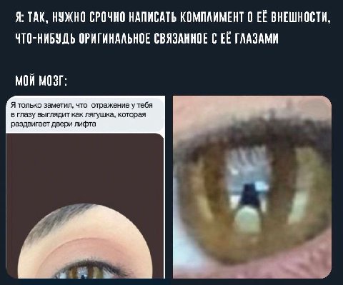 Я: ТАК, НУЖНО СРОЧНО НАПИСАТЬ КОМПЛИМЕНТ 0 ЕЁ ВНЕШНОСТИ, ЧТО-НИБУДЬ ОРИГИНАЛЬНОЕ СВЯЗАННОЕ С ЕЁ ГЛАЗАМИ МОЙ МОЗГ: Я только заметил, что отражение у тебя в глазу выглядит как лягушка, которая раздвигае