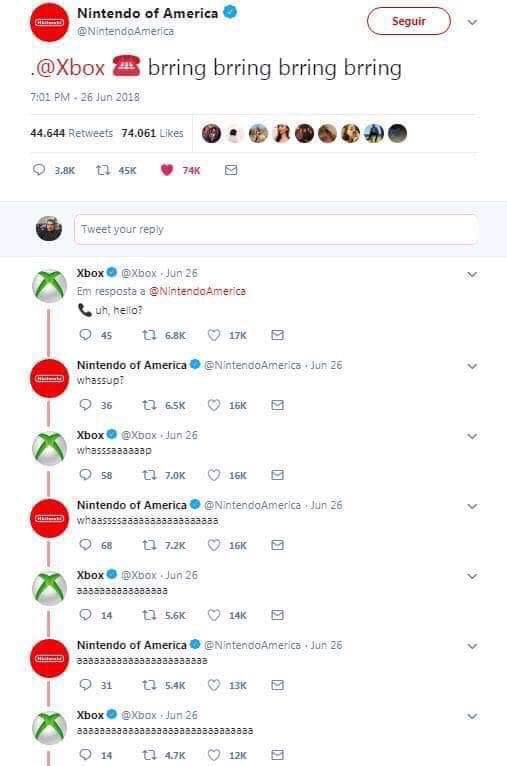 Nintendo of America @NintendoAm .@Xbox 8 brring brring brring brring LPM 2028 44.644 74.061 зак your reply Xbox @xbox 25 я resposte а 45 13 Nintendo of America intendoAmerics jun 35 13 52 Xbox 26 25 5