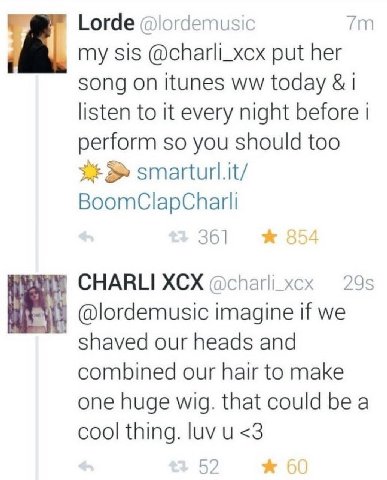 Lorde @lordemusic my sis @charli_xcx put her song on itunes today 1 listen to it every night before perform so you should too smarturl.it/ 361 CHARLI XCX @charli_xcx 295 @lordemusic imagine if we shav