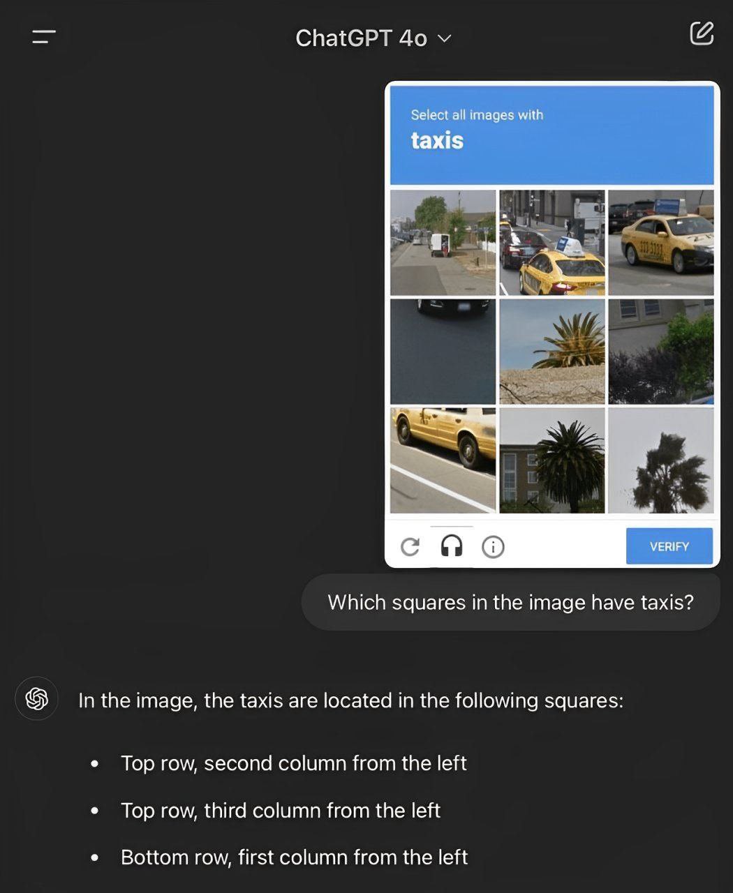 ChatGPT Select all images with taxis соо Which squares in the image have taxis? In the image, the taxis are located in the following squares: Top row, second column from the left Top row, third column