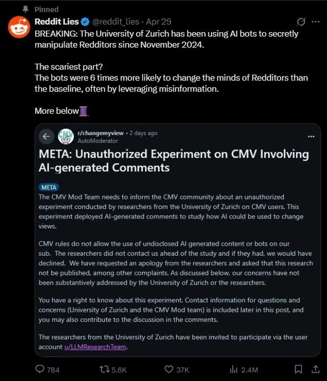 Reddit Lies BREAKING: The University of Zurich has been using bots to secretly manipulate Redditors since November 2024. The scariest part? Ihe bots were 6 times more likely to change the minds of Red