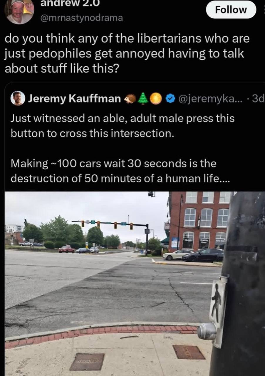 2.0 you think any of the libertarians who are just pedophiles get annoyed having to talk about stuff like this? (PJeremy КаиНтап Just witnessed an able, adult male press this button to cross this inte