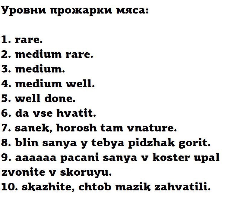 Уровни прожарки мяса: 1. гаге. 2. medium rare. 3. medium. 4. medium well. 5. well done. 6. vse hvatit. 7. sanek, horosh tam vnature. 8. blin sanya tebya pidzhak gorit. 9. aaaaaa pacani sanya koster up