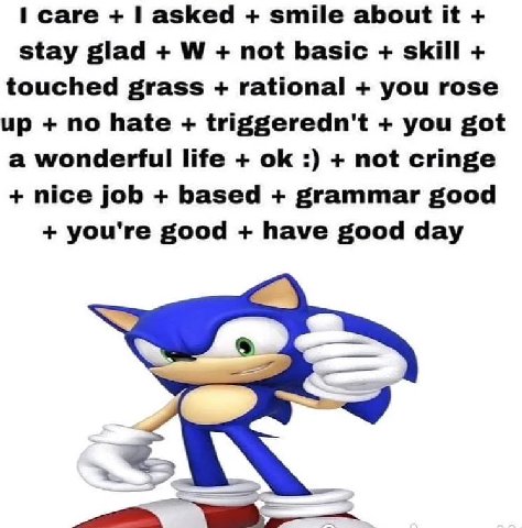 саге asked smile about it stay glad not basic skill touched grass rational you rose up no hate triggeredn't you got a wonderful life not cringe nice job based grammar good you're good have good day SA