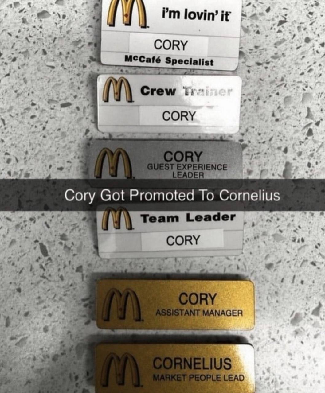 “4 lovin’it 4 CORY Specialist woe Стем CORY “4 A Got Promoted To Cornelius Team Leader CORY wae GER