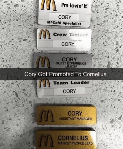 “4 lovin’it 4 CORY Specialist woe Стем CORY “4 A Got Promoted To Cornelius Team Leader CORY wae GER