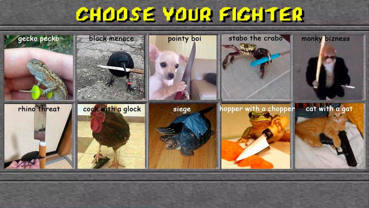 CHOOSE YOUR FIGHTER 223 41:4 ointy gecko реско we 4 rhin eat siege hopper with ach opper cat with a gat aN Me
