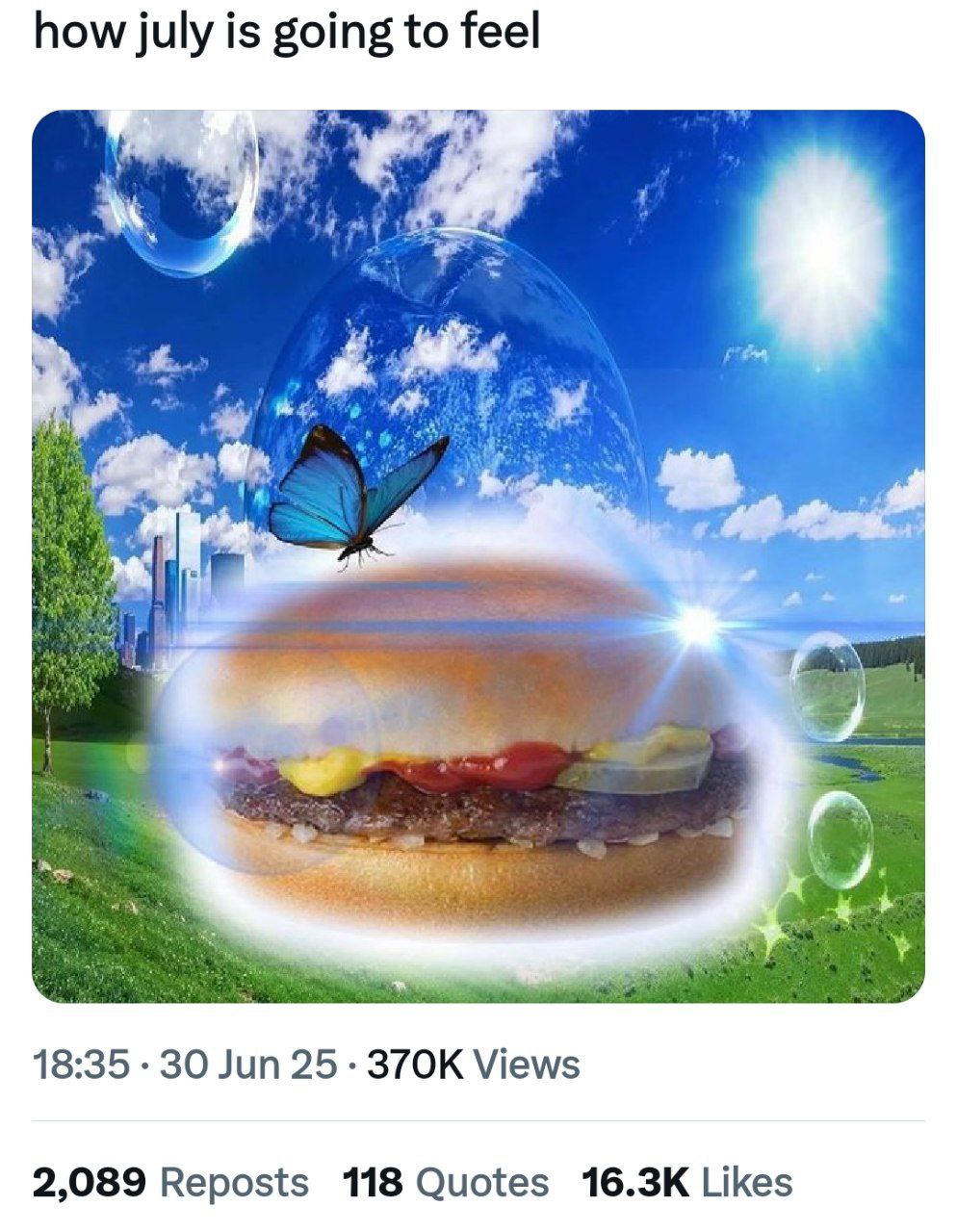 how july is going to feel a 18:35 30 Jun 25 Views 2,089 Reposts 118 Quotes Likes