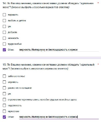 14. По Вашему мнению, какими качествами должна обладать “идеальная жена"? (можно выбрать несколько вариантов ответов) О верность О любовь к детям О доброта нежность трудолюбие Other: верность Империум
