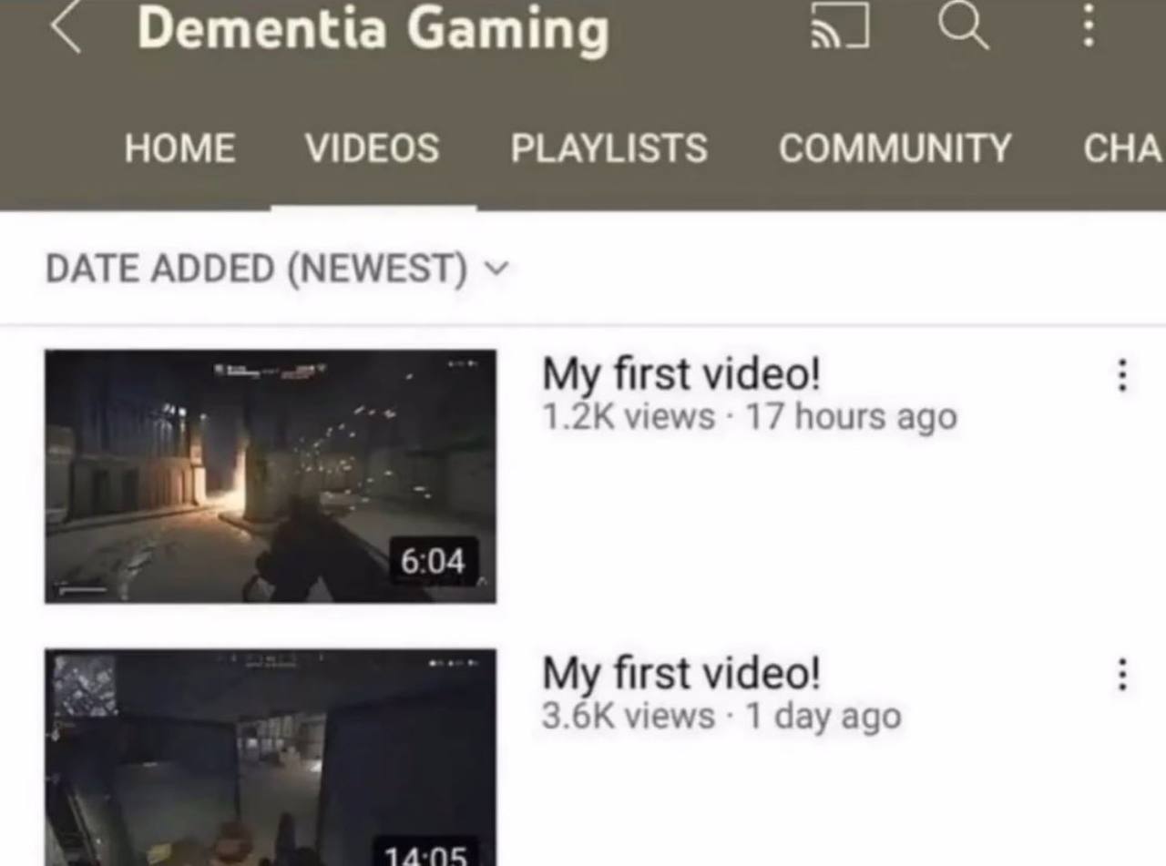 Dementia Gaming HOME VIDEOS PLAYLISTS COMMUNITY CHA DATE ADDED (NEWEST) My first video! views 17 hours ago 6:04 My first video! views 1 day ago